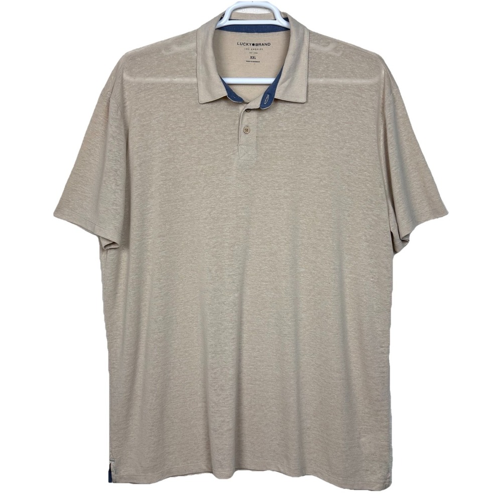 Lucky Brand Polo Shirt Mens XXL Beige Linen Polyester Blend Lightweight‎ Preppy